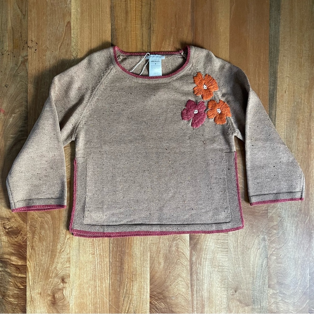 NWOT Tutto Piccolo Girls Wool Blend Tunic Sweater Embroidery Flowers Brown 8
